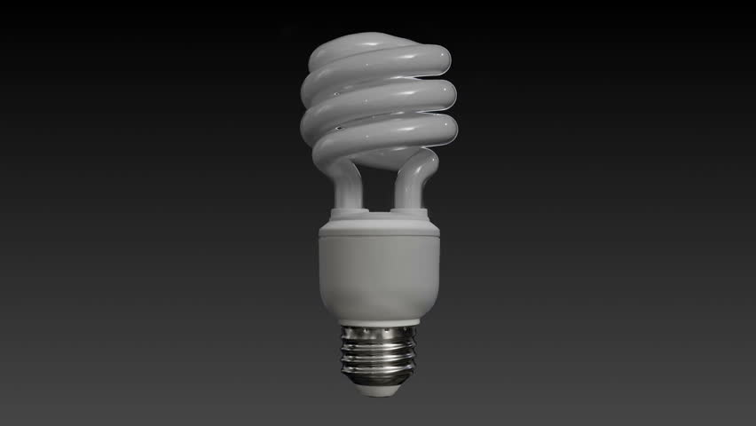 Floating compact fluorescent light bulb (CFL) on a gray gradient background, flickers, turns on, and brightens up along with the background to green.