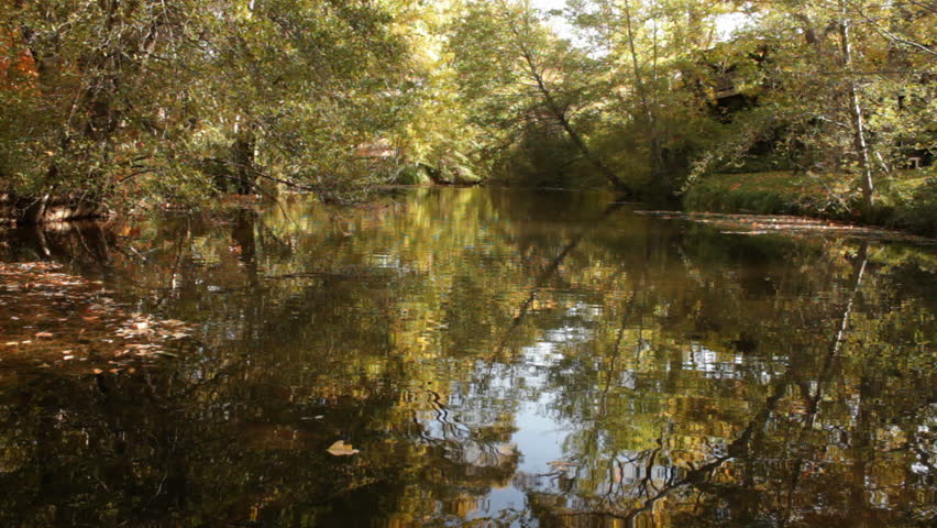 The calm waters of Oak Creek in Sedona, Arizona move slowly past with the sky and fall colors reflected in the water.