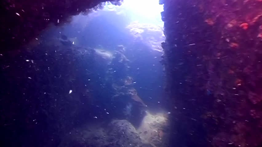 Sunlight entering from the back of an underwater cave.  