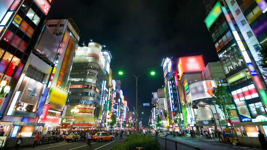 Shinjuku neon strip time lapse Tokyo (logos blurred)