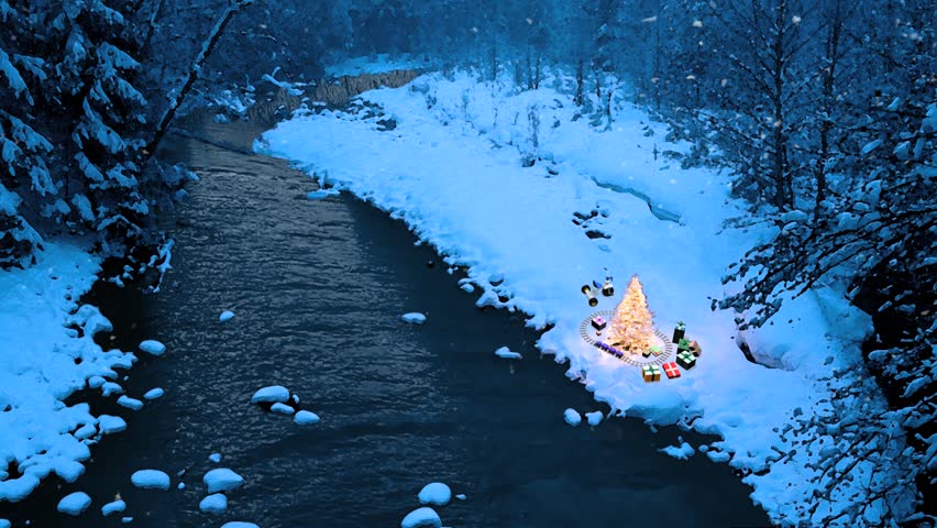 Beautiful winter scene with a flowing river, snow, and a Christmas tree with presents 