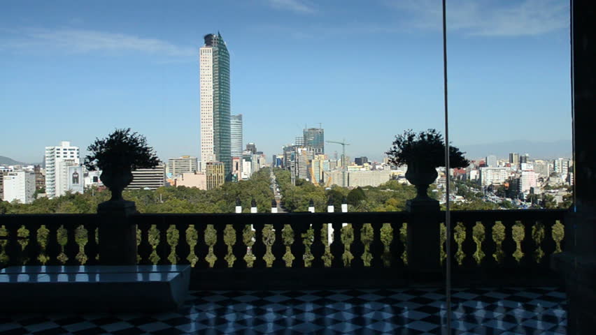 Mexico City Palace Camera pan in castle arcades with beautiful view to city