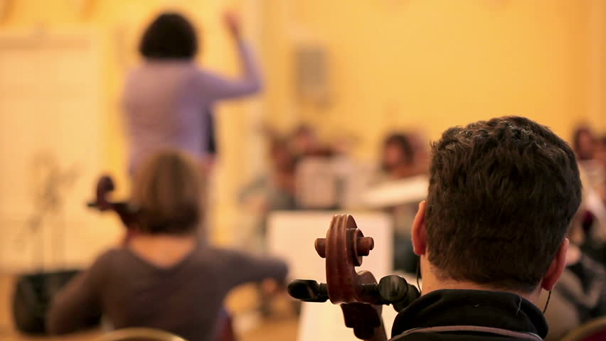 Conductor and orchestra on rehearsal.