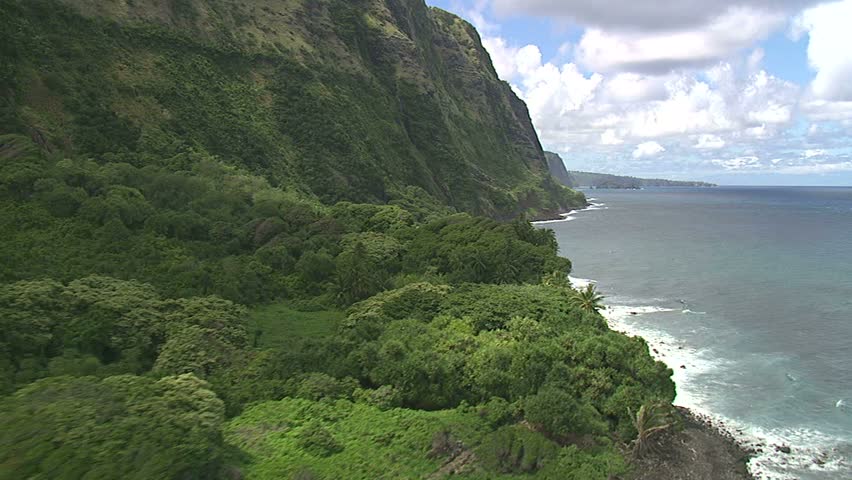 Low flying aerial of the Hamakua Coast, Big Island, Hawaii