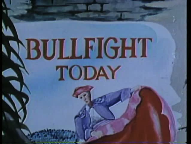 Pan down a cartoon sign advertising a bullfight