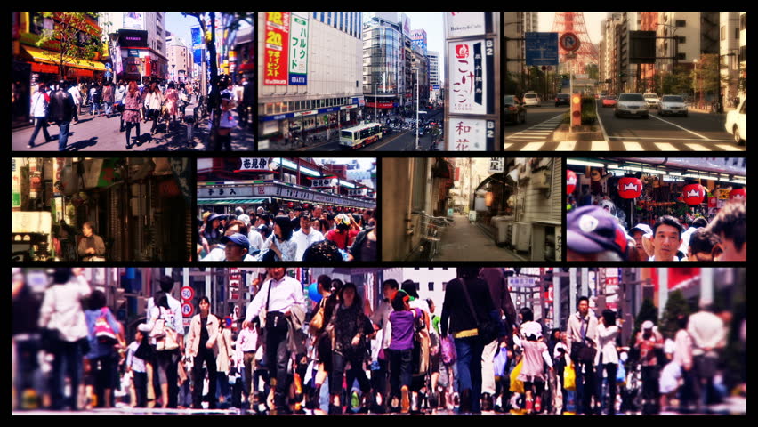 TOKYO - CIRCA APRIL 2010:  (Stylized Multiscreen) Foot and vehicle traffic in Tokyo circa April 2010. 