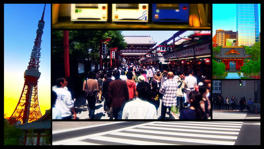 TOKYO - CIRCA APRIL 2010:  (Stylized Multiscreen) Foot traffic and landmarks in Tokyo circa April 2010. 