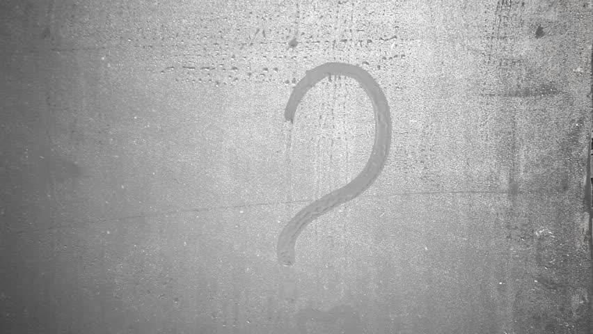 Doodles. Hand draws a question mark and Valentine heart on steamy window. 