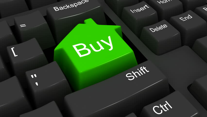 Green House icon key pressing 3d animation on black computer keyboard. Ideal image for real estate and buying home on-line concept.