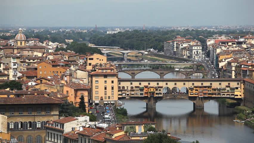 Aerial View of Florence, Italy, The Ponte Vecchio (Old Bridge), Arno River