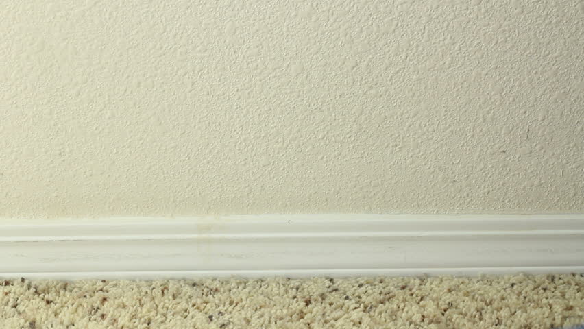 Male hand preparing for painting lower wall trim by placing blue painter's tape on the wall above it for protection when he does paint. 