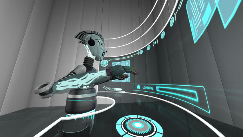 Futuristic 3D robot accessing communication data using touchscreen technology