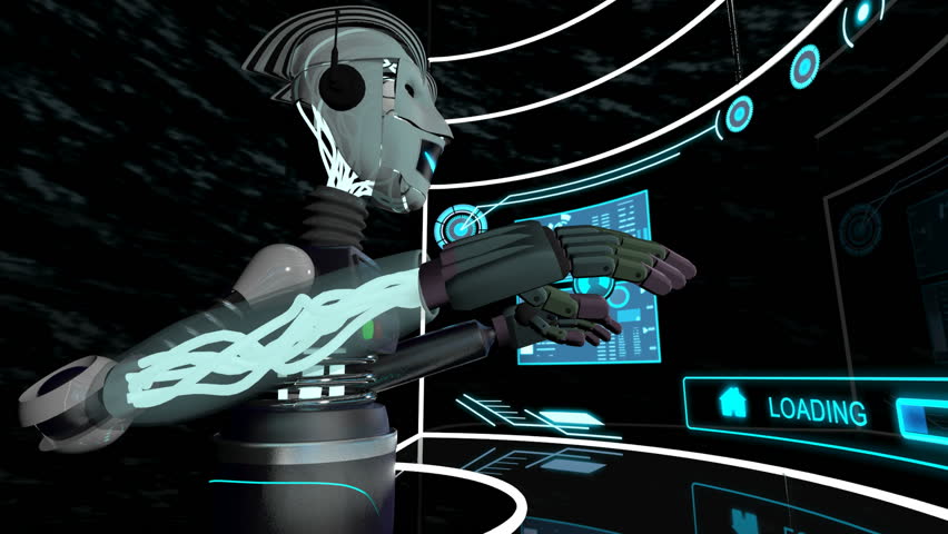 Futuristic 3D robot accessing communication data using touchscreen technology