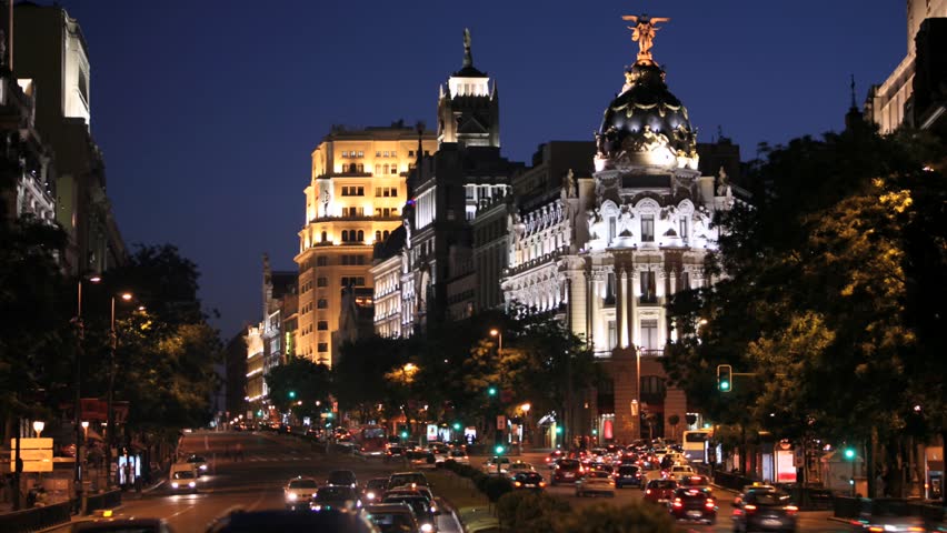 High definition time lapse video of the Calle de AlcalÃÂ¡ in Madrid at night viewed in the direction of Gran Via.