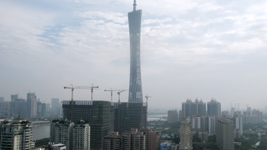 Construction Guangzhou New TV Broadcasting Office Building in afternoon, time lapse