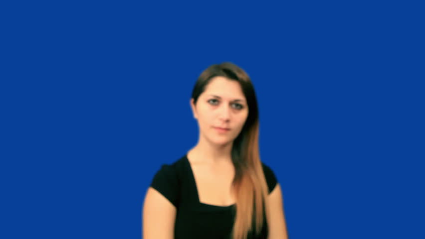 Blue screen beautiful girl try to hear