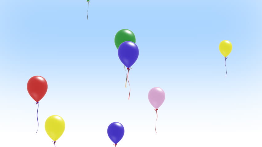 Colorful balloons floating upward over a sky.