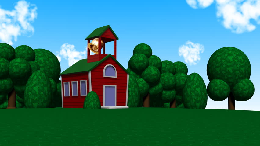 A 3D school house on a simple landscape.