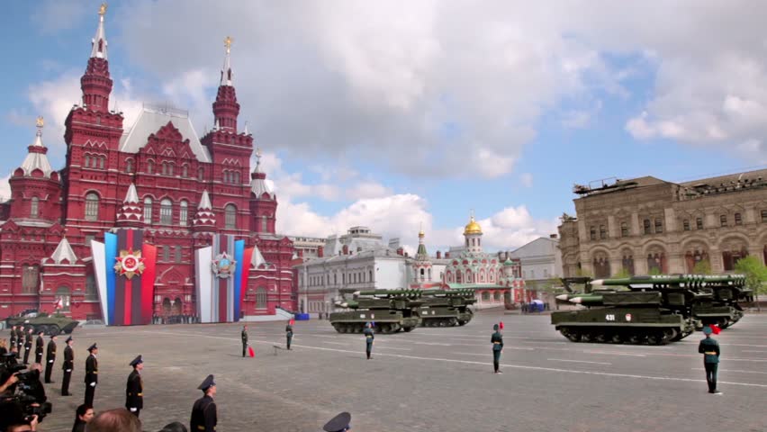 MOSCOW - MAY 9: SAM Grizzly SA-17 and MLRS 9K58 Tornado motorcades ride on Red square at Victory Parade on May 9, 2011 in Moscow, Russia.