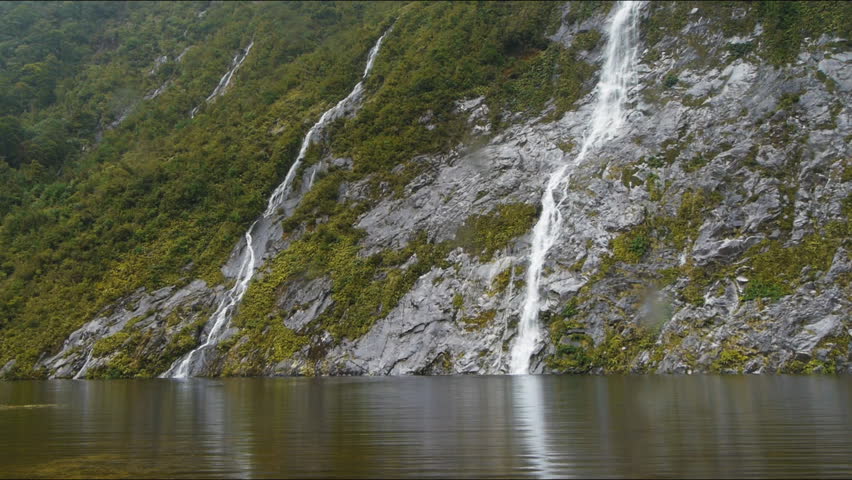 two waterfalls at the end of Hidden Lake on the Milford Track in New Zealand
