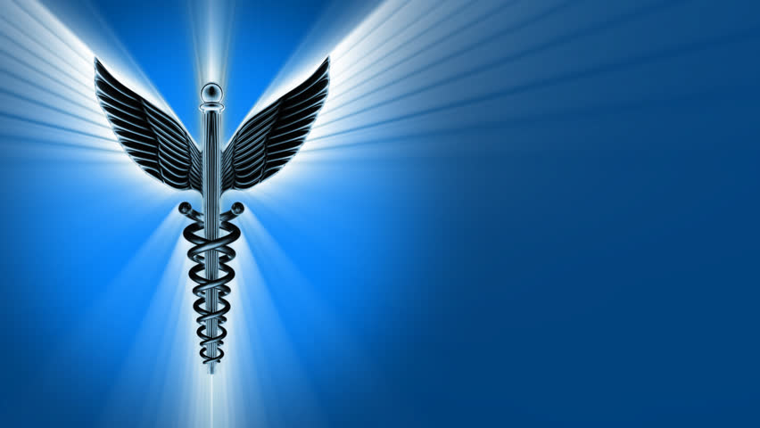 Caduceus 3D animation with copyspace on the right - seamless rotation witch can be repeated endlessly. 