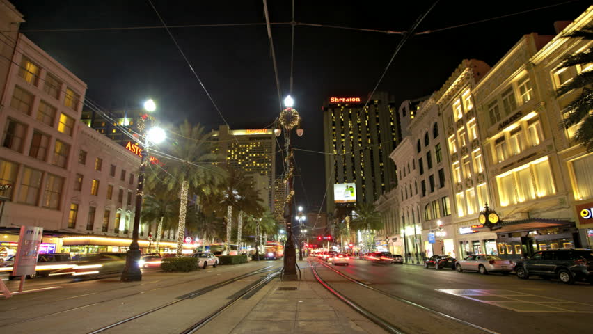 NEW ORLEANS  - DEC 09: Timelapse of a traffic in Canal Street at night on December 09, 2011 in New Orleans, USA