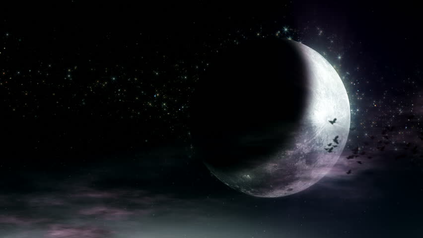 Magical crescent moon with a flock of birds flying past. Twinkling starlight and ethereal clouds. VFX composite.