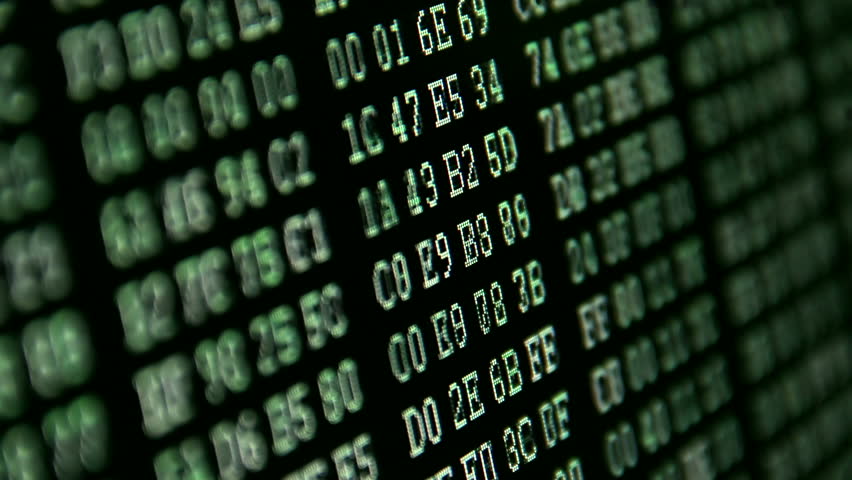 Hexadecimal code running up a computer screen. Green-ish digits. Close-up shot. Shallow depth of field.