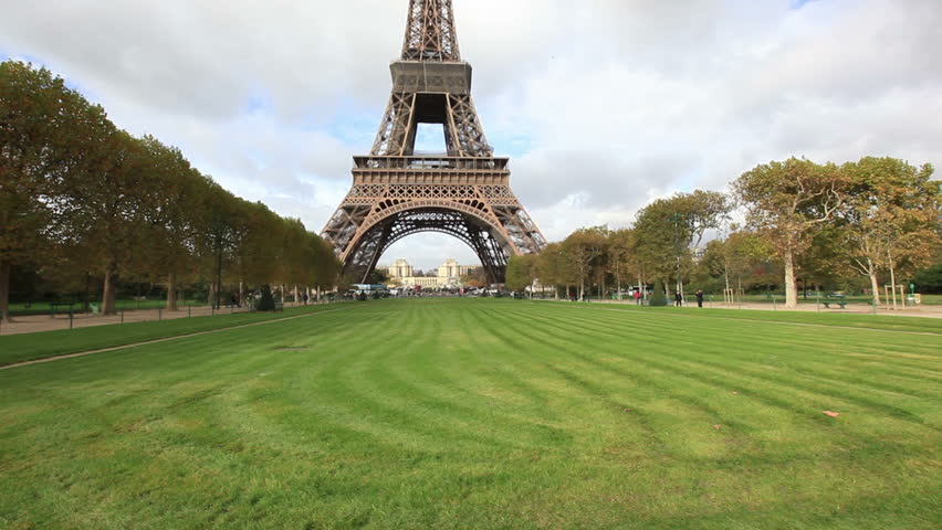 View from the bottom of the Eiffel Tower in Paris, France