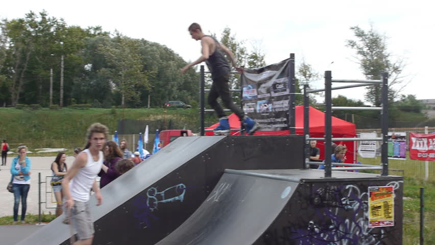 PETROZAVODSK, RUSSIA - AUGUST 27: Anonymous rollerblader does tricks during Extreme side festival on August 27, 2011 in Petrozavodsk, Russia.