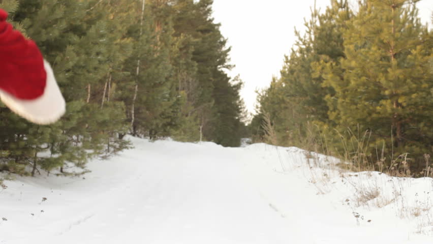 Santa with sack full of presents going through winter forest