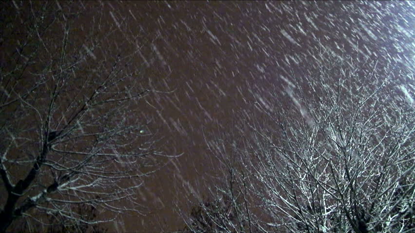 Snow falls at night