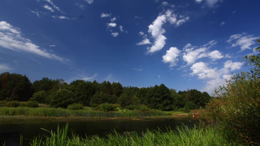 Timelapse clouds, summer nature landscape river Full HD 1920