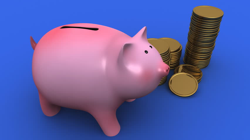 Piggybank and falling coins. Character animation. HD Version