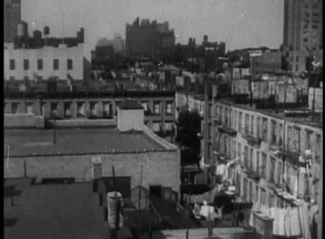 High angle view of 1930s New York City apartment rooftops