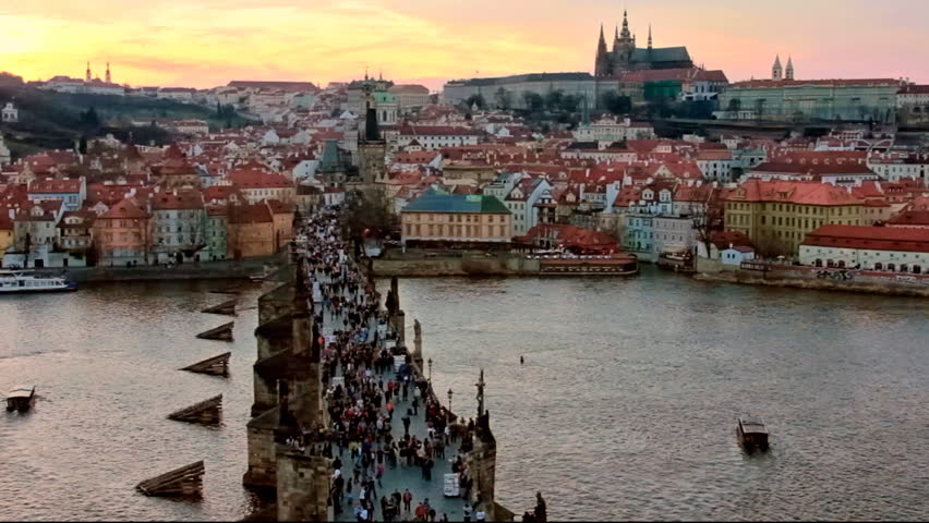 Charles bridge and Prague castle at evening