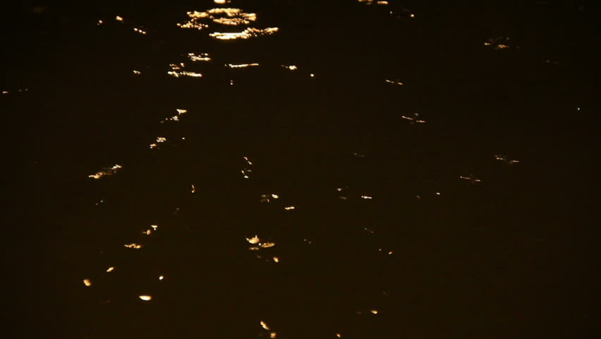 Raindrops falling on the water surface with light track effects