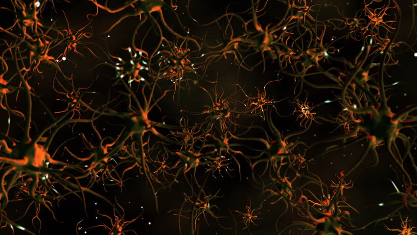 Digital motion graphic of neuron cells synapse in warm colors