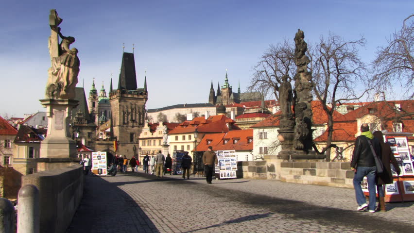 WIDE SHOT, Time lapse of Tourist in Prague, Old Town Bridge, Czech Republic