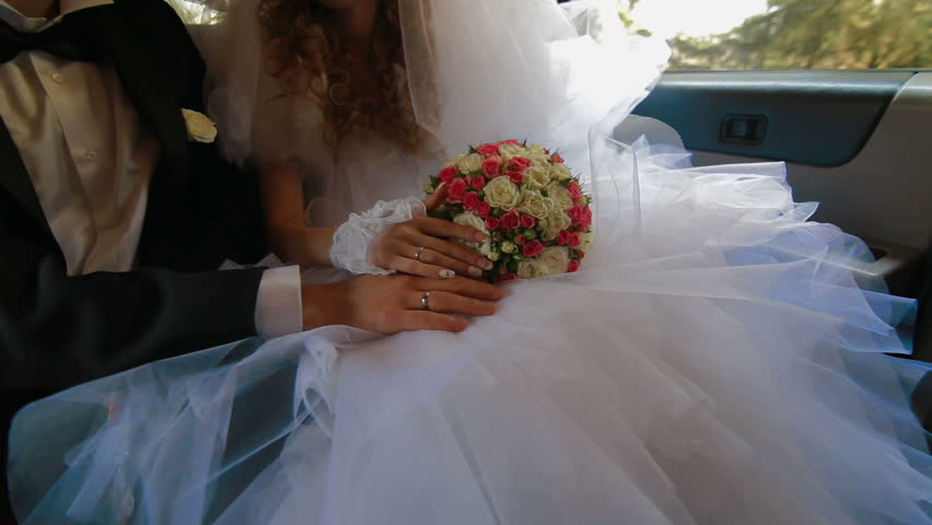 Just Married Young Couple Inside Limo