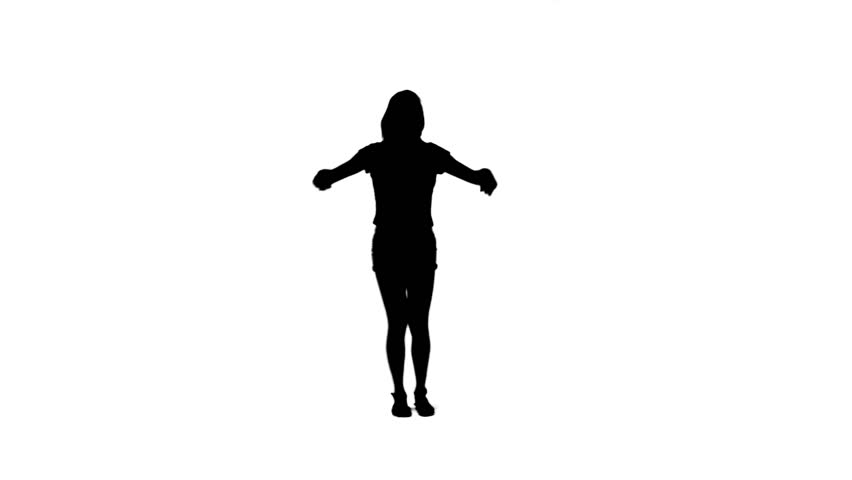 A silhouette woman dancing energetically against a white background