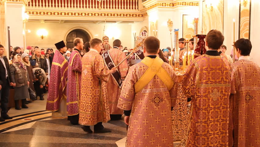 UFA, RUSSIA - APRIL 12: Congregation and the liturgy during Easter celebration in a Russian Orthodox Church on April 12, 2012 in UFA, Russia. 