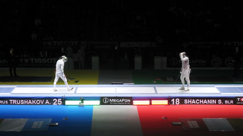 MOSCOW - APR 6: (Timelapse View) Trushakov and Shachanin compete on championship of world in fencing among juniors and cadets, in Sports Olympic complex, on April 6, 2012 in Moscow, Russia