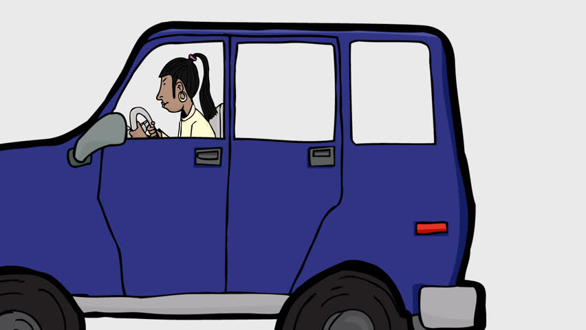 Woman driving sport utility vehicle with exhaust fumes