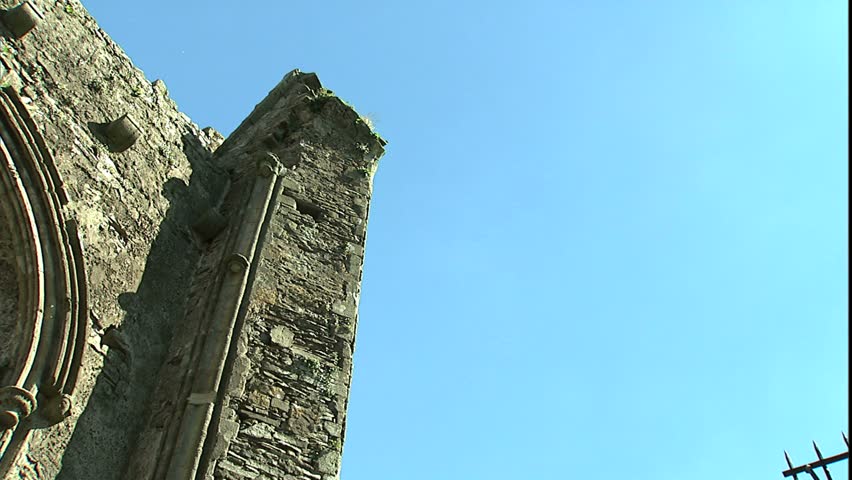 Cashel Castle Ruin wall pan to cast iron fencing, Cashel, Ireland