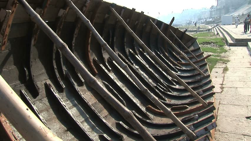 interior of repaired Ganges River boat, Veranasi, India