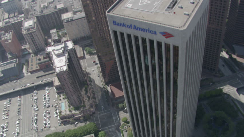 Los Angeles - Circa 2009: Downtown Los Angeles in 2009. Aerial shot of a congested city street lined with tall buildings and palm trees in Los Angeles, California. 