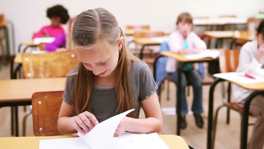 Smiling pupil looking at her notebook in the classroom