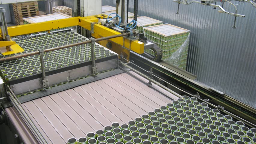 Aluminum can with drink move on conveyor, time lapse