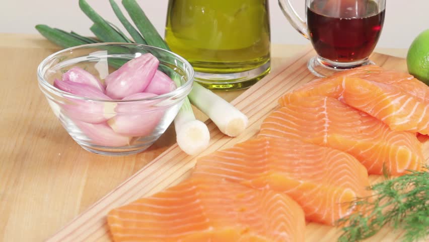 Salmon fillets and ingredients for marinade